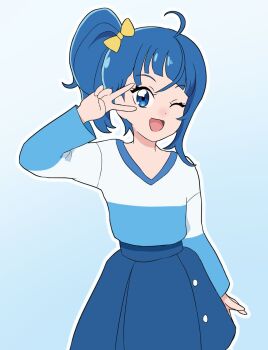 1girl ;d ahoge arm_up asymmetrical_bangs blue_background blue_eyes blue_hair blue_shirt blue_skirt blue_theme bow button_up_skirt commentary cowboy_shot cut_bangs diagonal_bangs dot_nose gradient_background hair_bow hair_ornament highres hirogaru_sky!_precure kei_yunokawa long_hair long_sleeves looking_at_viewer multicolored_shirt one_eye_closed open_mouth outline pleated_skirt ponytail precure shirt side_ponytail single_sidelock skirt smile solo sora_harewataru two-tone_shirt v v-neck v_over_eye white_outline white_shirt wide_sleeves yellow_bow