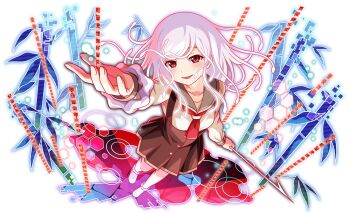 1girl albino artist_request breasts brown_skirt cel_shading collarbone copyright_notice crash_fever foreshortening from_above full_body game_cg holding holding_polearm holding_weapon living_hair long_hair long_sleeves looking_at_viewer monogatari_(series) necktie no_shoes official_art official_style open_mouth otorimonogatari outline outstretched_arm polearm red_eyes red_necktie red_outline saturated school_uniform sengoku_nadeko shirt skirt snake snake_hair socks solo spear standing swept_bangs tachi-e transparent_background weapon white_hair white_shirt white_snake white_socks