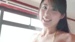 1girl all_fours animated arm_support asian ass ass_focus ass_shake bare_legs bare_shoulders barefoot between_legs between_thighs bikini black_hair breasts cameltoe crotch curvy exercising flexible green_bikini highres huge_ass indoors japanese_(nationality) jiggle legs long_hair looking_at_viewer moaning model music nail_polish partially_visible_vulva photo_(medium) real_life ririkana side-tie_bikini_bottom sitting small_breasts solo sound swimsuit tagme thighs third-party_edit thong_bikini training video wide_hips yellow_bikini