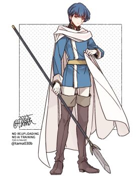1boy belt ben-day_dots blue_coat blue_eyes blue_hair boots brown_belt brown_boots cape closed_mouth coat dated finn_(fire_emblem) fire_emblem fire_emblem:_genealogy_of_the_holy_war full_body gloves highres holding holding_polearm holding_weapon long_sleeves looking_at_viewer male_focus nintendo polearm sayu030b screentones short_hair sideways_glance signature simple_background solo standing thigh_boots tunic watermark weapon white_background white_cape white_gloves