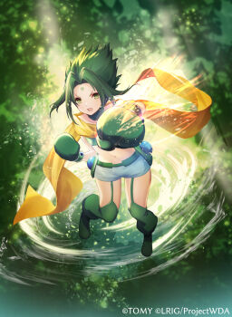 1girl boots copyright_notice dqn_(dqnww) gloves green_boots green_eyes green_gloves green_hair green_thighhighs highres looking_at_viewer medium_hair midoriko_(wixoss) official_art open_mouth outdoors scarf shorts solo spiked_hair thighhighs white_shorts wixoss yellow_scarf