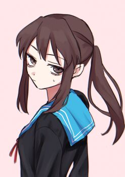 1girl black_cardigan blue_sailor_collar brown_hair cardigan closed_mouth commentary_request from_side genderswap genderswap_(mtf) highres kita_high_school_uniform kyonko long_hair looking_at_viewer looking_to_the_side ponytail red_ribbon ribbon sailor_collar saixillust school_uniform serafuku sidelocks solo suzumiya_haruhi_no_yuuutsu winter_uniform