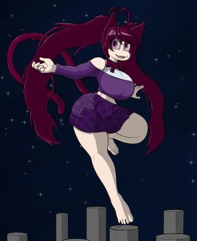 ahoge animal_ears arms_out_to_sides bare_shoulders barefoot bow bowtie cat_ears cat_tail greenlow heart heart_ahoge heart-shaped_hair highres indie_virtual_youtuber midriff pillar plaid_clothes plaid_skirt purple_eyes purple_hair purple_skirt purple_top red_bow red_bowtie saralene skirt sky star_(sky) star_(symbol) star_in_eye starry_sky symbol_in_eye tail teeth thighs twintails upper_teeth_only virtual_youtuber