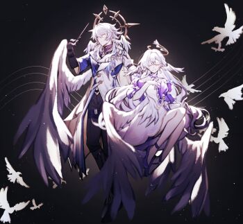 Rule 34 | 1boy, 1girl, absurdres, angel wings, bare shoulders, bird, black background, black gloves, black pants, breasts, brother and sister, closed eyes, closed mouth, coat, commentary, conductor baton, detached sleeves, dress, earrings, english commentary, facing viewer, feathered wings, full body, gloves, grey hair, hair between eyes, halo, halo behind head, hand on own chest, hand on own hip, hand up, head wings, high heels, highres, holding baton, honkai: star rail, honkai (series), invisible chair, jewel under eye, jewelry, light smile, long hair, long sleeves, medium breasts, musical staff, pants, parted lips, pearl earrings, piercing, pumps, purple dress, purple hair, purple shoes, robin (honkai: star rail), shoes, siblings, simple background, single earring, sitting, smile, sparrow4193941, spiked halo, standing, sunday (honkai: star rail), two-tone dress, very long hair, white bird, white coat, white dress, white gloves, white wings, wing piercing, wings, yellow eyes