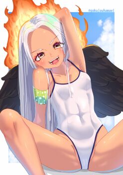 1girl armpits artist_name black_wings border breasts collarbone commentary_request covered_navel fire hamaeru highres loli long_hair looking_at_viewer one-piece_swimsuit one_piece outside_border partially_visible_vulva s-snake small_breasts smile solo spread_legs swimsuit teeth twitter_username white_border white_hair white_one-piece_swimsuit wings yellow_eyes