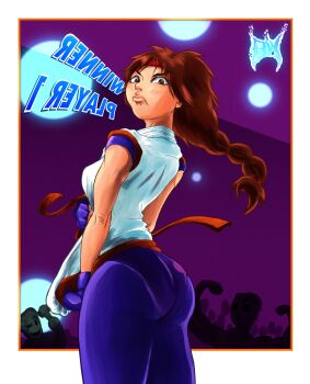 1girl ass blackwind677 braid braided_ponytail breasts brown_eyes brown_hair clothes_grab clothes_pull curvy dougi female_focus from_behind gloves hairband highres huge_ass karate_gi large_breasts leggings long_hair looking_at_viewer looking_back pants ponytail skin_tight skirt skirt_pull spandex standing the_king_of_fighters thick_thighs thighs tight_clothes tight_pants unworn_skirt upskirt yoga_pants yuri_sakazaki