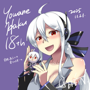 1girl :d ahoge anniversary arm_tattoo black_bow blue_bow blush bow breasts caffein character_doll character_name commentary_request dated detached_sleeves doll fingernails grey_shirt hair_between_eyes hair_bow holding holding_doll large_breasts looking_at_viewer nail_polish open_mouth purple_nails red_eyes shirt sidelocks sleeveless sleeveless_shirt smile solo striped_bow tattoo translation_request vocaloid white_hair yowane_haku