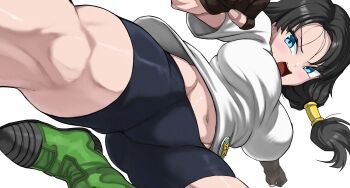 1girl absurdres badge bike_shorts black_gloves black_hair blue_eyes blush boots breasts commentary dragon_ball dragonball_z fingerless_gloves flying_kick gloves green_boots groin hair_tubes highres kicking large_breasts looking_at_viewer midriff muscular muscular_female navel shirt short_sleeves simple_background solo takundraws tank_top thick_thighs thighs twintails videl white_background white_shirt