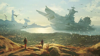 Rule 34 | 2boys, backpack, bag, bird, cliff, cloud, cloudy sky, commentary, english commentary, flock, from behind, hat, hiking, hiking backpack, landscape, military vehicle, multiple boys, ocean, original, outdoors, painterly, radar dish, scenery, ship, shipwreck, shore, shorts, sky, sunlight, sylvain sarrailh, transmission tower, warship, water, watercraft, watermark, web address