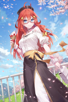 1girl ahoge bare_shoulders black_hat black_skirt blue_eyes blue_sky bow branch breasts briefcase brown_bow cloud collarbone commentary_request day flower food frills fruit gabiran glasses go-toubun_no_hanayome hair_between_eyes hat holding holding_food ice_cream ice_cream_cone medium_breasts nakano_itsuki outdoors petals pink_flower puffy_short_sleeves puffy_sleeves railing red-framed_eyewear red_hair semi-rimless_eyewear shirt short_sleeves skirt sky soft_serve solo spoon strawberry under-rim_eyewear white_shirt yellow_bow