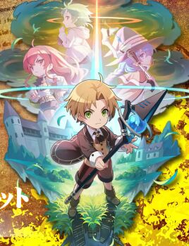 ahoge aqua_heartia blue_hair braid building castle chibi city_lights cloud dark_cloud eris_greyrat explosion explosion_background grass green_eyes green_hair hat highres holding holding_staff looking_at_viewer mage_staff md5_mismatch mushoku_tensei official_art red_eyes red_hair resized roxy_migurdia rudeus_greyrat sevens_story shadow staff sylphiette_(mushoku_tensei) town upscaled witch_hat