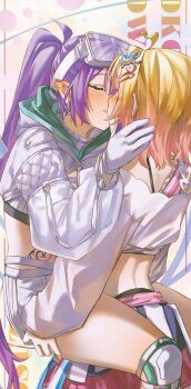 2girls absurdres ahoge bandeau blonde_hair blush carrying carrying_person character_name cheerleader closed_eyes commentary couple ear_piercing eyewear_on_head facing_another gloves goggles goggles_on_head gradient_hair hair_ornament hairclip hand_on_another's_ass hand_on_another's_head hashtag-only_commentary heart high_ponytail highres hip_tattoo hololive hood hooded_shrug hug kiss legzy long_hair long_sleeves medium_hair momosuzu_nene momosuzu_nene_(cheerleader) multicolored_hair multiple_girls official_alternate_costume official_alternate_hairstyle piercing pink_hair pink_skirt pointy_ears ponytail purple_gloves purple_hair ribbed_bandeau shorts shrug_(clothing) skirt smile stomach symbol-only_commentary tattoo tokoyami_towa tokoyami_towa_(cyberpunk) two-sided_gloves virtual_youtuber white_bandeau white_gloves white_shorts white_shrug winged_heart winged_heart_tattoo yuri