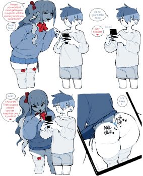 1boy 1girl 4koma age_difference ass ass_focus black_nails blunt_bangs blush body_writing bow clothes_lift collared_shirt comic cropped_legs dizzyspells english_text fang feet_out_of_frame from_behind gyaru hair_over_one_eye half-closed_eyes holding holding_phone left-to-right_manga limited_palette long_hair long_sleeves miniskirt nail_polish no_pupils onee-shota open_mouth original panties phone pointing red_bow shirt short_hair side_ponytail sidelocks simple_background skin_fang skirt skirt_lift sleeves_past_wrists speech_bubble square_4koma string_panties striped_clothes striped_panties sweatdrop sweater taking_picture thighhighs thighs thong underwear white_background white_shirt white_thighhighs