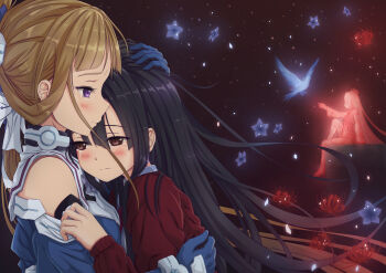 2girls absurdres bellflower bird black_hair blush brown_eyes brown_hair cardigan chinese_bellflower closed_mouth commentary crying crying_with_eyes_open ear_scar flower folded_ponytail from_side hair_between_eyes highres hug itaro koori_chikage long_hair long_sleeves multiple_girls nogi_wakaba nogi_wakaba_wa_yuusha_de_aru petals ponytail profile purple_eyes red_cardigan red_flower scar scar_on_ear sitting spider_lily spirit tears very_long_hair yuusha_de_aru