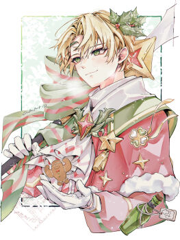 Rule 34 | 1boy, alfred (fire emblem), alfred (joyous snowdrop) (fire emblem), amamorimori, blonde hair, capelet, commentary request, fire emblem, fire emblem engage, fire emblem heroes, fur-trimmed capelet, fur trim, gingerbread man, green eyes, highres, long sleeves, male focus, nintendo, official alternate costume, red capelet, santa costume, scarf, white scarf