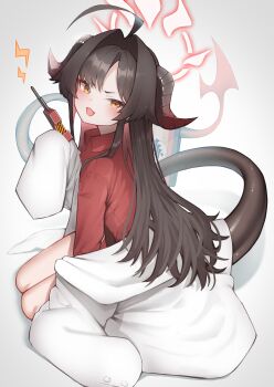 1girl :d absurdres ahoge akuma_(st.takuma) bare_legs black_hair blue_archive blush coat_partially_removed demon_girl demon_horns demon_tail fang gehenna_academy_logo grey_background hair_intakes halo highres horns kasumi_(blue_archive) lab_coat lightning_bolt_symbol long_hair long_tail looking_at_viewer open_mouth orange_eyes red_halo red_shirt shirt simple_background sitting skin_fang sleeves_past_fingers sleeves_past_wrists smile solo tail very_long_sleeves walkie-talkie wing_collar