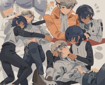 Rule 34 | 1girl, 2boys, ascot, belt, black belt, black pants, black shirt, blue eyes, blue hair, blush, brown eyes, coat, collared coat, commentary, dark-skinned male, dark skin, dress, english commentary, fairy wings, frilled sleeves, frills, gallica (metaphor: refantazio), hair between eyes, hairband, hand on another's head, heterochromia, high collar, highres, holding hands, lapels, long sleeves, looking down, lying, male focus, metal hairband, metaphor: refantazio, multiple boys, multiple views, on back, on side, orange hair, pants, patterned clothing, protagonist (metaphor: refantazio), shirt, shirt tucked in, sitting, sleeping, smile, speech bubble, strohl (metaphor: refantazio), vest, white ascot, white shirt, white vest, wing collar, wings, yaoi, yellow coat, zipsunz