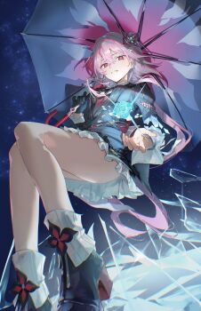 1girl absurdres black_dress black_gloves black_shoes breasts dress earrings erulusyro evernight_(honkai:_star_rail) flower from_below gloves hair_flower hair_ornament high_heels highres holding holding_umbrella honkai:_star_rail honkai_(series) jewelry light_particles long_hair march_7th_(honkai:_star_rail) medium_breasts night night_sky object_floating_above_hand parted_lips pink_hair reaching reaching_towards_viewer red_eyes red_flower shards shoes single_earring single_glove skirt sky socks solo star_(sky) thighs umbrella white_socks