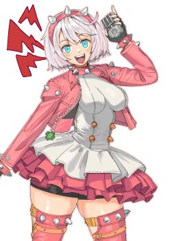 1girl absurdres ahoge bike_shorts_under_skirt blue_eyes bob_cut bracelet breasts clover collar copyright_notice dress elphelt_valentine four-leaf_clover frilled_dress frills gloves guilty_gear guilty_gear_strive hair_between_eyes hairband highres holding holding_microphone impossible_clothes impossible_dress jacket jewelry large_breasts leather leather_jacket looking_at_viewer matheus_felipe microphone open_mouth pink_collar pink_frills pink_jacket short_hair simple_background smile solo spiked_bracelet spiked_collar spiked_hairband spiked_thigh_strap spikes thigh_strap thighhighs vintage_microphone white_background white_dress white_hair