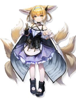 1girl absurdres animal_ears arknights bare_shoulders black_gloves black_shoes blonde_hair blue_dress blue_hairband braid braided_hair_rings chinese_commentary closed_mouth commentary_request double_v dress earpiece fox_ears fox_girl fox_tail frilled_dress frills full_body gloves green_eyes hair_rings hairband hands_up highres infection_monitor_(arknights) kitsune kyuubi making-of_available multiple_tails pantyhose shoes simple_background single_glove solo standing suzuran_(arknights) tachi-e tail torn_clothes torn_pantyhose twin_braids v white_background white_pantyhose wo_yao_dang_xiongmao