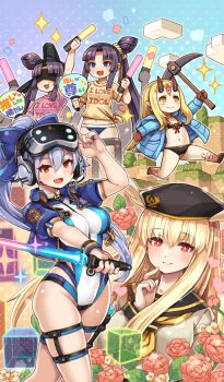 5girls beret bikini black_bikini black_hair black_hat black_sailor_collar blindfold blonde_hair blue_bikini blue_bow blue_eyes blue_jacket blue_one-piece_swimsuit bow breasts chibi cube energy_sword facial_mark fate/grand_order fate_(series) flower forehead forehead_mark glowstick hair_between_eyes hair_bow hair_bun hair_pulled_back hand_fan hat head-mounted_display head_wings headset highleg highleg_one-piece_swimsuit horns ibaraki_douji_(chaldea_gaming_binge)_(fate) ibaraki_douji_(fate) ibaraki_douji_(fate/grand_order) ibaraki_douji_(swimsuit_lancer)_(fate) ibaraki_douji_(swimsuit_lancer)_(first_ascension)_(fate) jacket large_breasts long_hair long_sleeves looking_at_viewer multiple_girls navel official_art one-piece_swimsuit oni open_clothes open_jacket open_mouth parted_bangs pickaxe ponytail red_eyes sailor_collar shigatake shirt short_sleeves side_ponytail sidelocks single_side_bun smile swimsuit sword taira_no_kagekiyo_(fate) tattoo thigh_strap thrud_(fate) tomoe_gozen_(fate) tomoe_gozen_(swimsuit_saber)_(fate) tomoe_gozen_(swimsuit_saber)_(first_ascension)_(fate) two-tone_swimsuit ushiwakamaru_(fate) ushiwakamaru_(fate/grand_order) ushiwakamaru_(swimsuit_assassin)_(fate) ushiwakamaru_(swimsuit_assassin)_(first_ascension)_(fate) valkyrie_(fate) very_long_hair weapon white_hair white_one-piece_swimsuit white_shirt wings yellow_eyes yellow_shirt