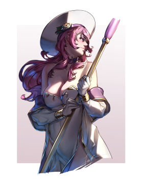 1girl absurdres breasts choujuu_giga_gao_road cleavage cropped_torso dress hat highres large_breasts long_hair looking_to_the_side mage_staff off-shoulder_dress off_shoulder pink_hair solo staff teppu_tora upper_body white_dress white_hat
