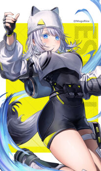 1girl absurdres animal_hat arknights arknights:_endfield bandaid bandaid_on_face black_gloves blue_eyes cat_hat character_name commentary_request estella_(arknights) expressionless fingerless_gloves gloves grey_hair hat highres long_sleeves looking_at_viewer mogurine simple_background solo tail white_hat yellow_background