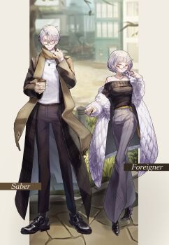 1boy 1girl absurdres bare_shoulders black_coat black_pants black_shirt black_shoes blue_eyes breasts brown_scarf coat contemporary cup disposable_coffee_cup disposable_cup fate/grand_order fate/grand_order_arcade fate_(series) full_body glasses grey_hair grey_pants highres jacques_de_molay_(foreigner)_(fate) jacques_de_molay_(saber)_(fate) jewelry large_breasts long_sleeves looking_at_viewer miagawari011128 necklace off_shoulder pants scarf shirt shoes short_hair smile white_coat white_shirt