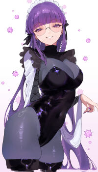 1girl absurdres agrippina_(monster_strike) arched_back black_boots black_leotard blunt_bangs blush boots breasts contrapposto covered_navel cowboy_shot frilled_shrug grey_bodystocking grin groin highleg highleg_leotard highres hime_cut ira_n large_breasts latex latex_leotard leotard liquid_hair long_hair long_sleeves looking_at_viewer maid maid_headdress monster_strike nontraditional_playboy_bunny pink-tinted_eyewear purple_hair round_eyewear see-through_cleavage see-through_clothes shrug_(clothing) skindentation smile solo strapless strapless_leotard thigh_boots tinted_eyewear unconventional_maid very_long_hair wading