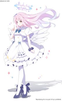 Rule 34 | 1girl, absurdres, angel wings, aqua hair, blue archive, breasts, buttons, capelet, commentary request, double-breasted, dress, feathered wings, flower, frilled dress, frills, from side, full body, gradient hair, hair bun, hair flower, hair ornament, halo, high heels, highres, long hair, looking at viewer, low wings, medium breasts, mika (blue archive), multicolored hair, murasame (sword of nmkr), open mouth, pantyhose, pink hair, pink halo, pumps, simple background, single hair bun, single side bun, smile, solo, very long hair, white background, white capelet, white pantyhose, white wings, wings, yellow eyes