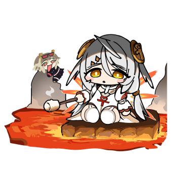 Rule 34 | 2girls, black-framed eyewear, black jacket, black skirt, blonde hair, burnice white, chibi, commentary, commentary request, english commentary, eyewear on head, food, grey hair, hair between eyes, highres, holding, holding stick, jacket, lava, marshmallow, mixed-language commentary, multiple girls, open mouth, orange eyes, phoenix (zenless zone zero), red-tinted eyewear, red eyes, shirt, simple background, sitting, skirt, stick, sunglasses, thighhighs, tinted eyewear, umashika (horsedeer), white background, white shirt, white thighhighs, zenless zone zero