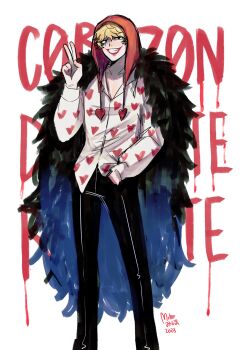 1boy black_cape black_pants blonde_hair cape character_name clenched_teeth commentary cowboy_shot donquixote_rocinante feather_cape hand_in_pocket heart heart_print highres hood male_focus mih0 one_piece pants short_hair signature simple_background smile solo teeth v