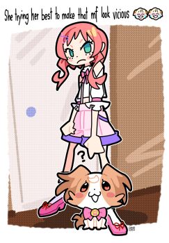 absurdres bourbunbun bow brooch brown_fur commentary dog english_commentary green_eyes hair_ornament hairclip halftone heart heart_brooch highres inukai_iroha inukai_komugi inukai_komugi_(dog) jewelry mascot meme midriff orange_hair papillon_(dog) pink_bow pink_shoes pink_shorts precure shirt shoes shorts suspenders white_shirt wonderful_precure!