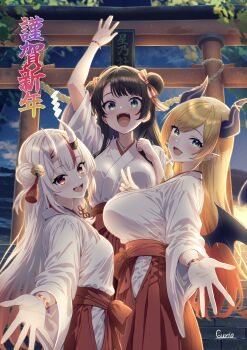 2nd_generation_(hololive) 3girls :d absurdres alternate_costume alternate_hairstyle bell black_hair blonde_hair blue_eyes breasts center-flap_bangs commentary_request curio_(curiofinity) demon_girl demon_horns demon_wings double_bun fang gradient_hair grey_hair hair_bell hair_between_horns hair_bun hair_ornament hair_ribbon hakama hakama_skirt highres hololive horns japanese_clothes kimono large_breasts long_hair long_sleeves looking_at_viewer medium_breasts miko multicolored_hair multiple_girls nakiri_ayame new_year oni oozora_subaru open_mouth outstretched_arm pointy_ears reaching reaching_towards_viewer red_eyes red_hair red_hakama ribbon side_up_bun sidelocks skin-covered_horns skirt smile streaked_hair swept_bangs tassel tassel_hair_ornament torii translation_request tress_ribbon two_side_up virtual_youtuber white_kimono wings yuzuki_choco