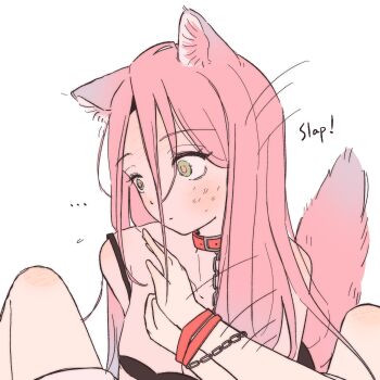 ... 2girls alien_stage animal_ears black_bra bra chain chain_leash coldmeow commentary dog_ears dog_girl dog_tail english_commentary english_text green_eyes highres leash long_hair mizi_(alien_stage) multiple_girls pink_hair slapping sua_(alien_stage) tail underwear