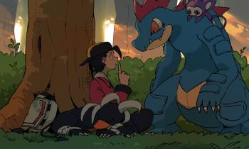 1boy aipom alligator animal animal_on_shoulder backpack backwards_hat bag black_fur black_hair blue_scales bush claws crocodilian curled_horns demon_tail dog ethan_(pokemon) feraligatr finger_to_mouth gen_2_pokemon grass hat horns houndoom long_sleeves looking_at_animal mashita._(mentaiko_omoti) monkey nintendo orange_eyes outdoors pokemon pokemon_(creature) pokemon_hgss purple_fur shade shushing sleeping smile snout tail tree