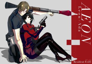 Rule 34 | 1boy, 1girl, absurdres, ada wong, black boots, black hair, black pants, black pantyhose, blue shirt, boots, breasts, brown eyes, brown hair, cha shaodog, chest harness, commentary, copyright name, dress, full body, gun, handgun, harness, high heel boots, high heels, highres, holding, holding gun, holding rocket launcher, holding weapon, leon s. kennedy, medium breasts, on one knee, original, pairing name, pants, pantyhose, parted lips, red dress, resident evil, resident evil 4, ribbed dress, rocket launcher, shirt, short hair, thigh boots, twitter username, weapon