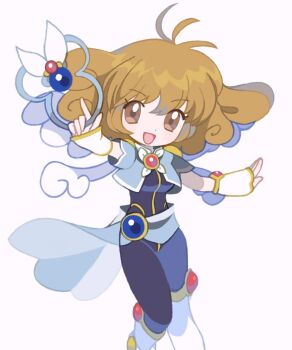 Rule 34 | 1girl, antenna hair, black bodysuit, bodysuit, boots, brown eyes, brown hair, corrector yui, feet out of frame, highres, holding, kasuga yui, looking at viewer, open mouth, outstretched arm, short hair, simple background, solo, tanba (tanba-art), white background