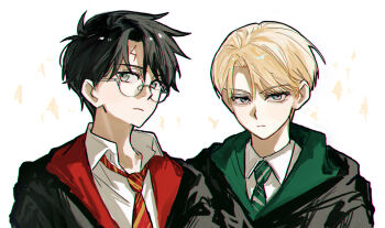 2boys black_hair blonde_hair closed_mouth collar draco_malfoy eyelashes glasses green_eyes gryffindor harry_potter harry_potter_(series) hogwarts_school_uniform lightning_bolt_symbol looking_at_viewer male_focus multiple_boys necktie pixiv_id_71379673 scar scar_on_face scar_on_forehead school_uniform shirt short_hair simple_background slytherin striped_necktie upper_body white_background white_shirt wing_collar wizarding_world