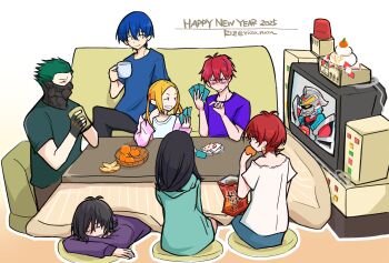 Rule 34 | 2025, 2girls, 6+boys, armor, black hair, blonde hair, blue hair, borr, brown hair, card, earrings, gauma, green hair, gridman (character), gridman (denkou choujin), gridman (ssss), gridman universe, gridman universe (movie), happy new year, highres, jewelry, kotatsu, long hair, long sleeves, mask, max (ssss.gridman), mother and daughter, multiple boys, multiple girls, new year, open mouth, pants, red hair, risu (ricca rucca), samurai calibur, scar, shirt, short hair, sitting, sleeping, smile, sun, sunglasses, t-shirt, table, takarada orie, takarada rikka, twintails, under table, vit, yellow eyes