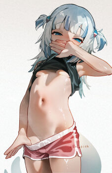 1girl blue_eyes blue_hair breasts clothes_lift fins fish_tail gawr_gura hair_ornament hololive hololive_english kani_fish loli looking_at_viewer multicolored_hair navel shark_girl shark_hair_ornament shark_tail shorts small_breasts solo streaked_hair tail two_side_up virtual_youtuber