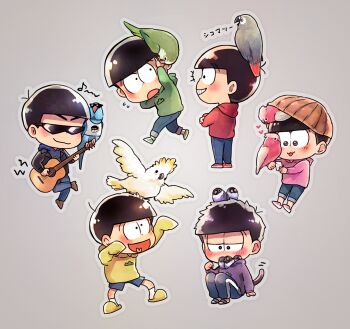 10s 6+boys acoustic_guitar african_grey_parrot animal animal_on_head bird bird_on_head bird_request black_hair blush brothers cockatoo galah grin guitar half-closed_eyes heart instrument japanese_white-eye java_sparrow long_sleeves male_focus matsuno_choromatsu matsuno_ichimatsu matsuno_jyushimatsu matsuno_karamatsu matsuno_osomatsu matsuno_todomatsu multiple_boys music nuriko-kun on_head open_mouth osomatsu-kun osomatsu-san osomatsu_(series) parrot playing_instrument sextuplets short_hair siblings sleeves_past_wrists smile sulphur-crested_cockatoo sunglasses