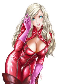 1girl :d adjusting_hair albyee blonde_hair blue_eyes bodysuit breasts cleavage commentary commission english_commentary hair_down hair_ornament hairclip hand_up large_breasts leaning_forward long_hair looking_at_viewer open_mouth panther_(persona_5) persona persona_5 red_bodysuit signature simple_background smile solo takamaki_anne thigh_gap wavy_hair white_background zipper zipper_pull_tab