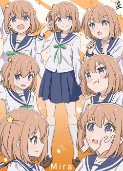 +_+ 1girl blue_sailor_collar blue_skirt blush character_name closed_mouth collarbone disembodied_hand dot_nose english_text facing_viewer female_focus full_body hair_between_eyes hair_ornament koisuru_asteroid konohata_mira long_sleeves looking_at_viewer multicolored_eyes open_mouth orange_hair pout qb_(qb46311027) ribbon sailor_collar school_uniform serafuku shirt shoes short_hair skirt socks solo sparkle sparkling_eyes standing star_(symbol) star_hair_ornament sweatdrop upper_body v white_shirt white_socks