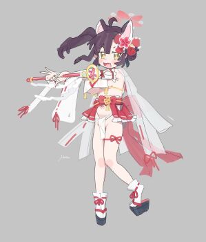 1girl blue_archive breasts brown_hair commentary grey_background halo highres holding holding_wand kaede_(blue_archive) large_breasts magical_girl navel nemo_(leafnight) nontraditional_miko oppai_loli pelvic_curtain side_ponytail simple_background sketch symbol-only_commentary underboob wand yellow_eyes