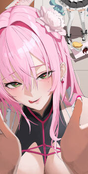 2girls absurdres apron aqua_hair bare_shoulders black_leotard black_shoes black_skirt blush breasts cleavage commentary earrings flower food garter_straps goddess_of_victory:_nikke green_eyes hair_between_eyes hair_flower hair_ornament heart heart-shaped_pupils heart_earrings highres indoors jewelry large_breasts leotard long_hair looking_at_viewer lower_body maid maid_apron mary_janes menu mole mole_under_eye multiple_girls omelet omurice pink_hair pink_nails pink_rope pleated_skirt privaty_(nikke) privaty_(unkind_maid)_(nikke) rope shadow shibari shibari_over_clothes shoes sidelocks skirt smile solo_focus standing symbol-shaped_pupils tata_(tata92456) thighhighs tongue tongue_out tray twintails upper_body velvet_(nikke) very_long_hair white_garter_straps white_thighhighs zettai_ryouiki