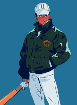1boy baseball_bat baseball_cap black_hair black_jacket blue_background collared_jacket commentary_request gloves hand_in_pocket hat holding holding_baseball_bat jacket long_sleeves male_focus original pants prema-ja shirt short_hair solo thai_commentary white_gloves white_hat white_pants white_shirt