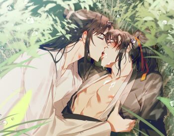 2boys bishounen black_hair black_hanfu blush bubble chinese_clothes closed_eyes collarbone couple cum cum_on_body cum_on_chest cum_on_male facial french_kiss grass hair_ribbon hand_on_another&#039;s_waist hanfu headband highres hug imminent_kiss jujeop kiss korean_commentary lan_wangji leaf long_hair long_sleeves lying male_focus modao_zushi multiple_boys nipples on_grass open_clothes open_mouth open_robe outdoors pectoral_cleavage pectorals plant ponytail red_ribbon ribbon robe sidelocks sweat tongue tongue_out topknot upper_body water_drop wei_wuxian wet wet_hair white_hanfu white_headband wide_sleeves yaoi