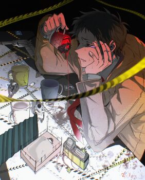 1girl 4boys adachi_tooru bed caution_tape commentary cup disgust doujima_nanako doujima_ryoutarou gun hand_on_own_face highres holding holding_cup hospital_bed hospital_gown leaning_on_self looking_at_another mug multiple_boys narukami_yu nayam88646020 necktie persona persona_4 raincoat red_necktie short_hair symbol-only_commentary weapon wheelchair yellow_raincoat