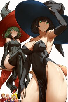 2girls 3boys armpits bald bang_(one-punch_man) black_dress black_hair black_hat black_nails black_sleeves black_thighhighs blonde_hair breasts broom broom_riding closed_mouth cosplay covered_navel crossed_legs curly_hair dc_comics detached_sleeves dress facial_hair fubuki_(one-punch_man) genos green_eyes green_hair haraya_manawari hat iron_man iron_man_(cosplay) iron_man_(series) large_breasts marvel multiple_boys multiple_girls mustache old old_man one-punch_man pelvic_curtain saitama_(one-punch_man) siblings simple_background sisters small_breasts strapless strapless_dress superman superman_(cosplay) superman_(series) tatsumaki thighhighs white_background witch witch_hat